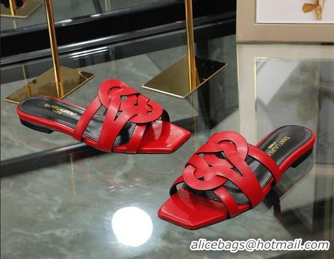 Best Grade Saint Laurent Calskin Flat Slide Sandals Red 2070918