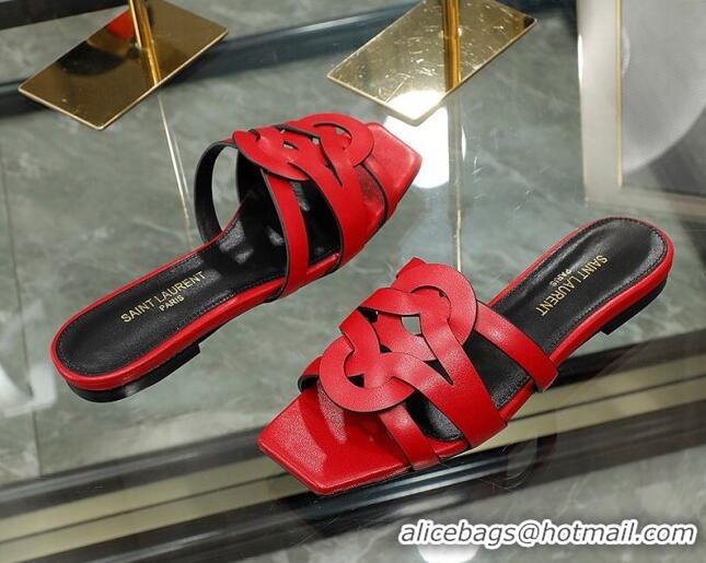 Best Grade Saint Laurent Calskin Flat Slide Sandals Red 2070918