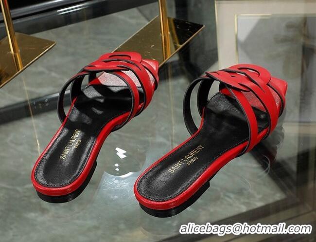 Best Grade Saint Laurent Calskin Flat Slide Sandals Red 2070918