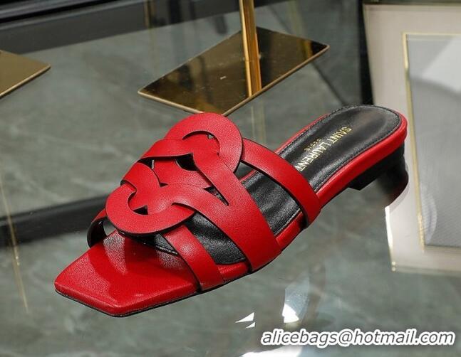 Best Grade Saint Laurent Calskin Flat Slide Sandals Red 2070918