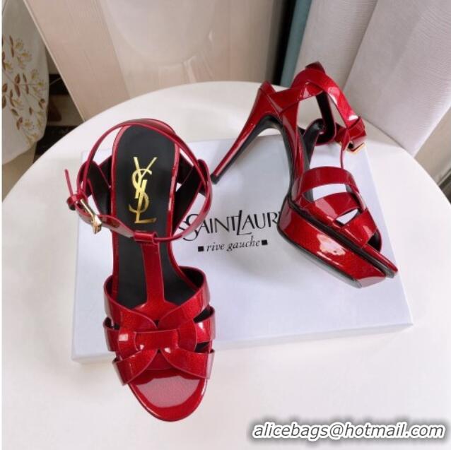 Popular Style Saint Laurent Tribute Platform Sandals in Patent Grainy Leather 82301 Red