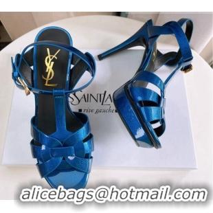 Stylish Saint Laurent Tribute Platform Sandals in Patent Grainy Leather 82303 Blue