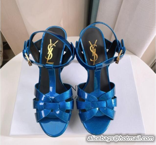 Stylish Saint Laurent Tribute Platform Sandals in Patent Grainy Leather 82303 Blue