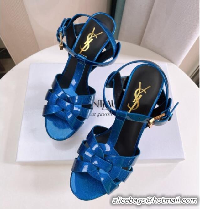 Stylish Saint Laurent Tribute Platform Sandals in Patent Grainy Leather 82303 Blue