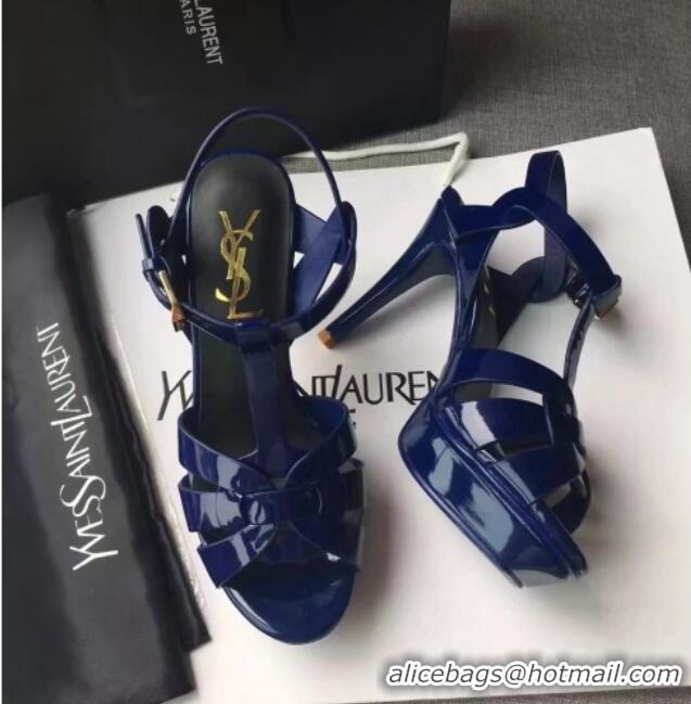 Good Product Saint Laurent Tribute Platform Sandals in Patent Grainy Leather 82306 Blue 