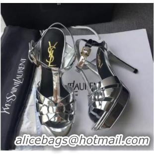 Fashion Luxury Saint Laurent Tribute Platform Sandals in Patent Leather 82311 Silver