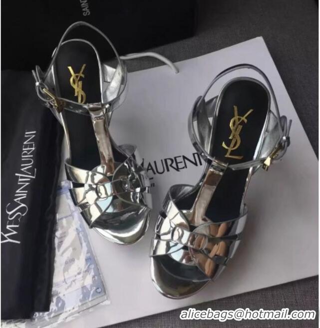 Fashion Luxury Saint Laurent Tribute Platform Sandals in Patent Leather 82311 Silver