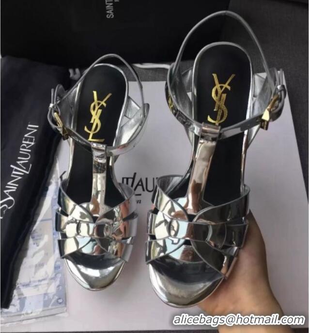 Fashion Luxury Saint Laurent Tribute Platform Sandals in Patent Leather 82311 Silver