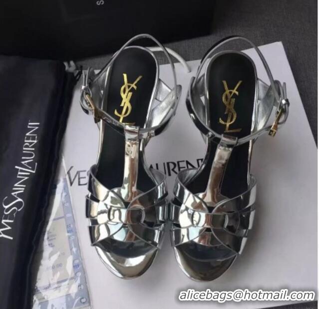 Fashion Luxury Saint Laurent Tribute Platform Sandals in Patent Leather 82311 Silver