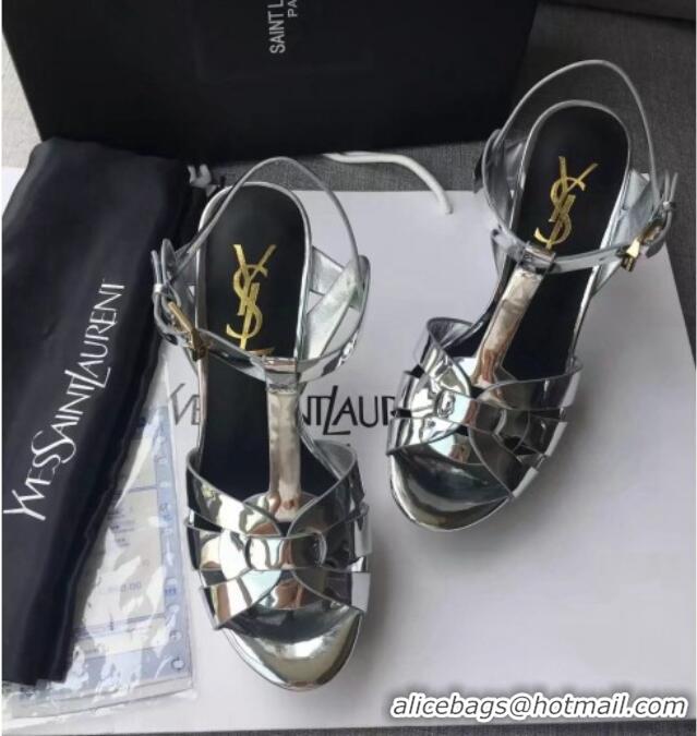 Fashion Luxury Saint Laurent Tribute Platform Sandals in Patent Leather 82311 Silver