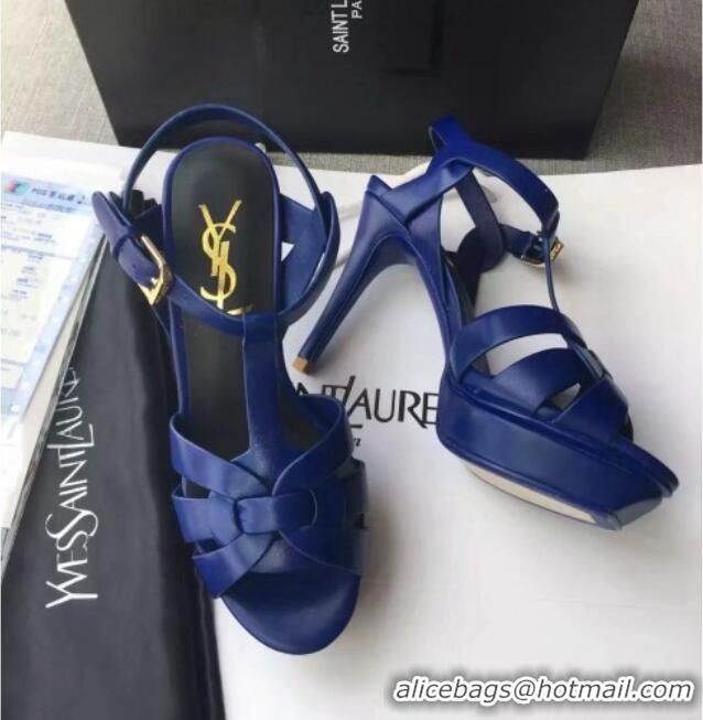 Sophisticated Saint Laurent Tribute Platform Sandals in Calfskin Leather 82315 Blue