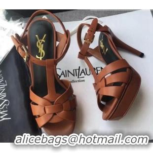 Stylish Saint Laurent Tribute Platform Sandals in Calfskin Leather 82317 Brown