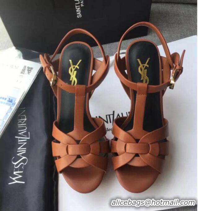 Stylish Saint Laurent Tribute Platform Sandals in Calfskin Leather 82317 Brown