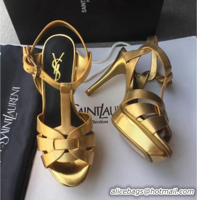 Sumptuous Saint Laurent Tribute Platform Sandals in Calfskin Leather 82318 Gold