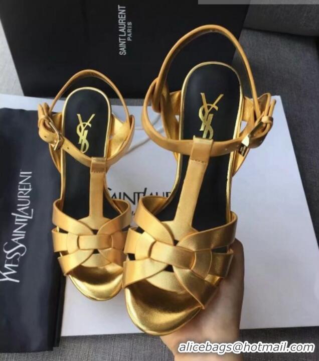 Sumptuous Saint Laurent Tribute Platform Sandals in Calfskin Leather 82318 Gold