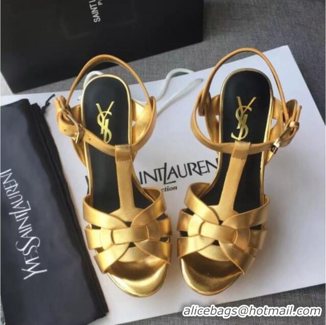 Sumptuous Saint Laurent Tribute Platform Sandals in Calfskin Leather 82318 Gold