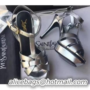 Good Quality Saint Laurent Tribute Platform Sandals in Calfskin Leather 82319 Silver