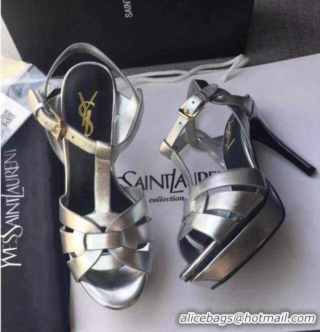 Good Quality Saint Laurent Tribute Platform Sandals in Calfskin Leather 82319 Silver