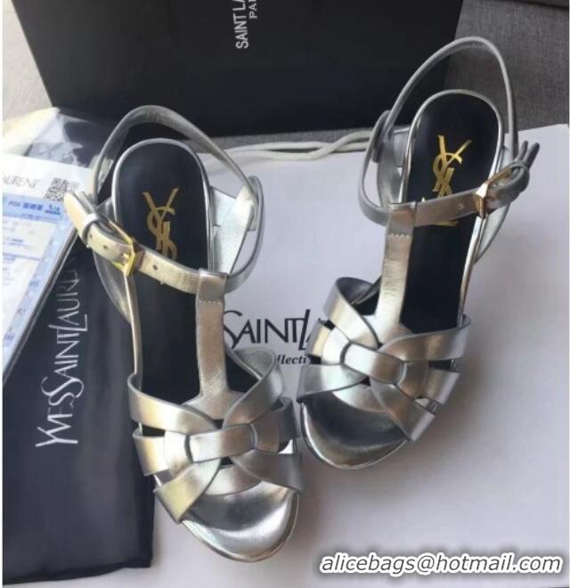 Good Quality Saint Laurent Tribute Platform Sandals in Calfskin Leather 82319 Silver