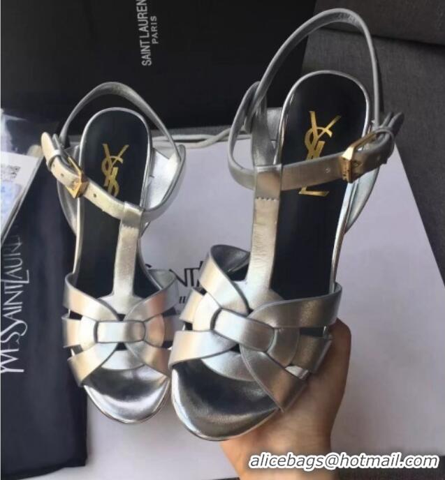 Good Quality Saint Laurent Tribute Platform Sandals in Calfskin Leather 82319 Silver