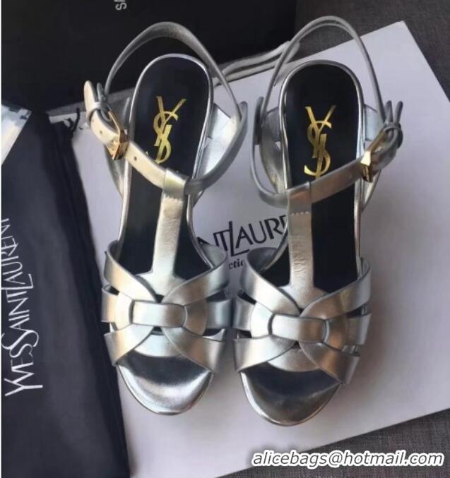 Good Quality Saint Laurent Tribute Platform Sandals in Calfskin Leather 82319 Silver