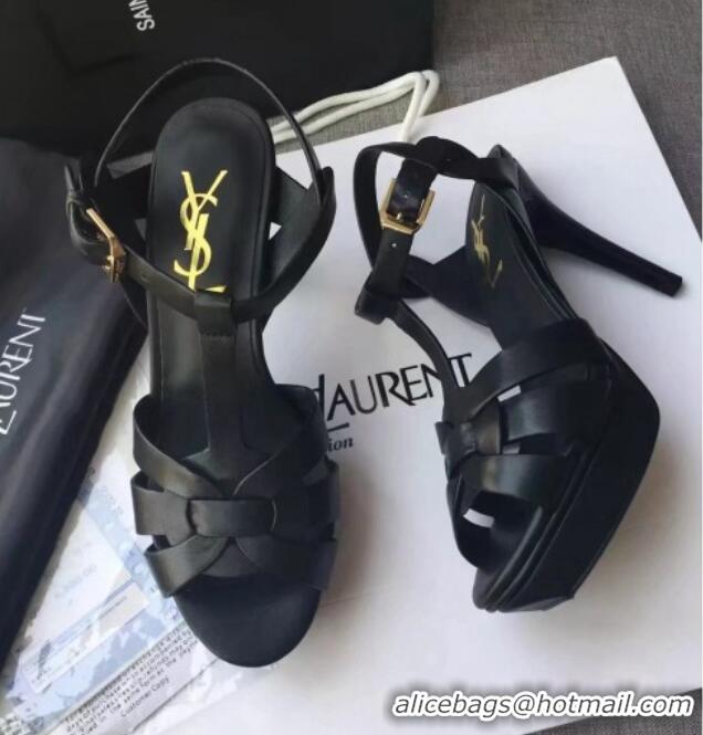 Classic Hot Saint Laurent Tribute Platform Sandals in Calfskin Leather 82320 Black