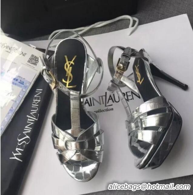 Pretty Style Saint Laurent Tribute Platform Sandals in Stone Pattern Leather 82321 Silver