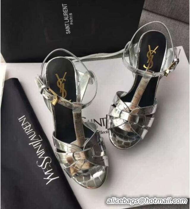 Pretty Style Saint Laurent Tribute Platform Sandals in Stone Pattern Leather 82321 Silver