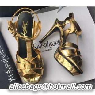 Best Grade Saint Laurent Tribute Platform Sandals in Stone Pattern Leather 82322 Gold