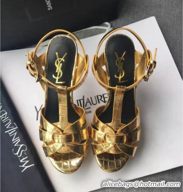 Best Grade Saint Laurent Tribute Platform Sandals in Stone Pattern Leather 82322 Gold