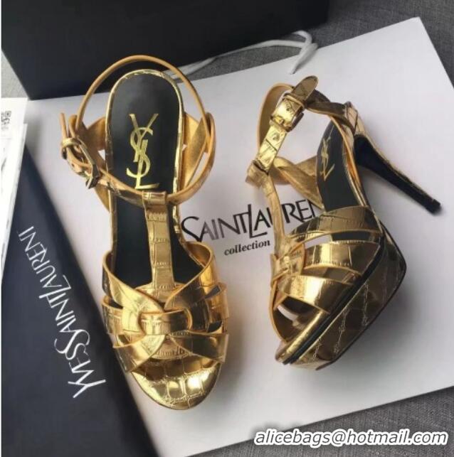 Best Grade Saint Laurent Tribute Platform Sandals in Stone Pattern Leather 82322 Gold