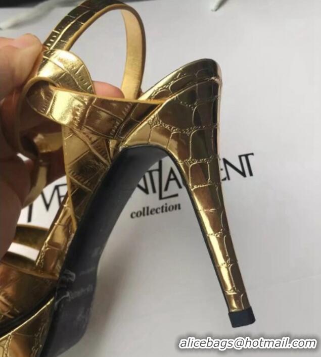 Best Grade Saint Laurent Tribute Platform Sandals in Stone Pattern Leather 82322 Gold