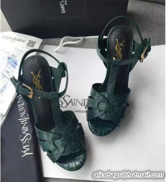 Grade Quality Saint Laurent Tribute Platform Sandals in Stone Pattern Leather 82324 Green