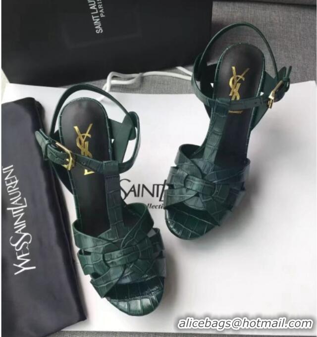 Grade Quality Saint Laurent Tribute Platform Sandals in Stone Pattern Leather 82324 Green