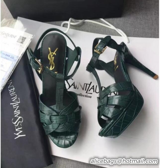 Grade Quality Saint Laurent Tribute Platform Sandals in Stone Pattern Leather 82324 Green