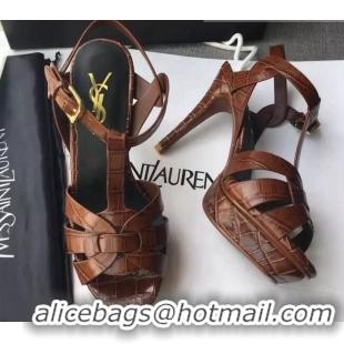 Classic Saint Laurent Tribute Platform Sandals in Stone Pattern Leather 82326 Brown