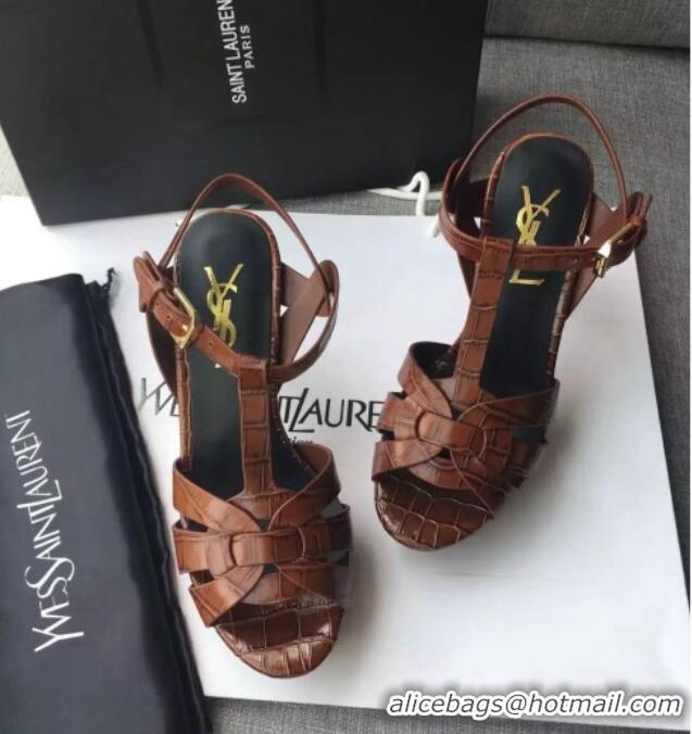 Classic Saint Laurent Tribute Platform Sandals in Stone Pattern Leather 82326 Brown