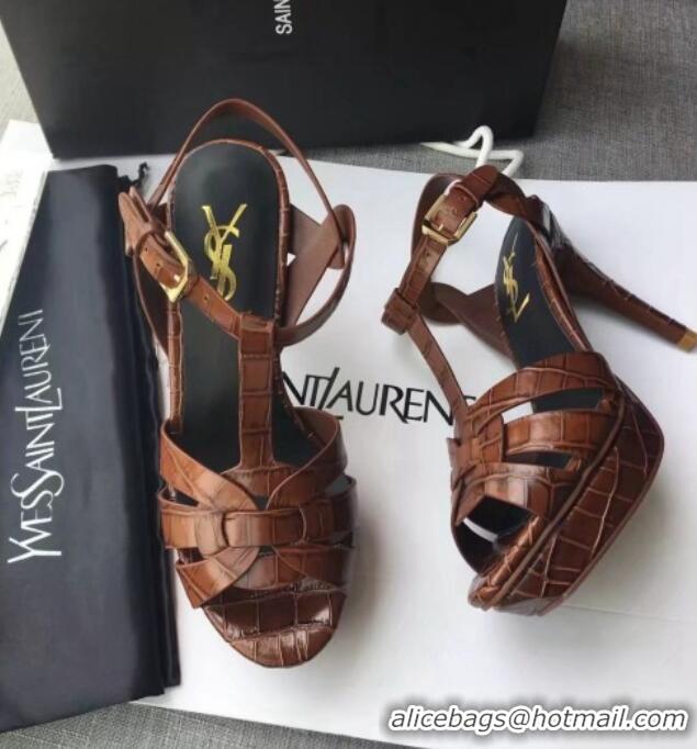 Classic Saint Laurent Tribute Platform Sandals in Stone Pattern Leather 82326 Brown