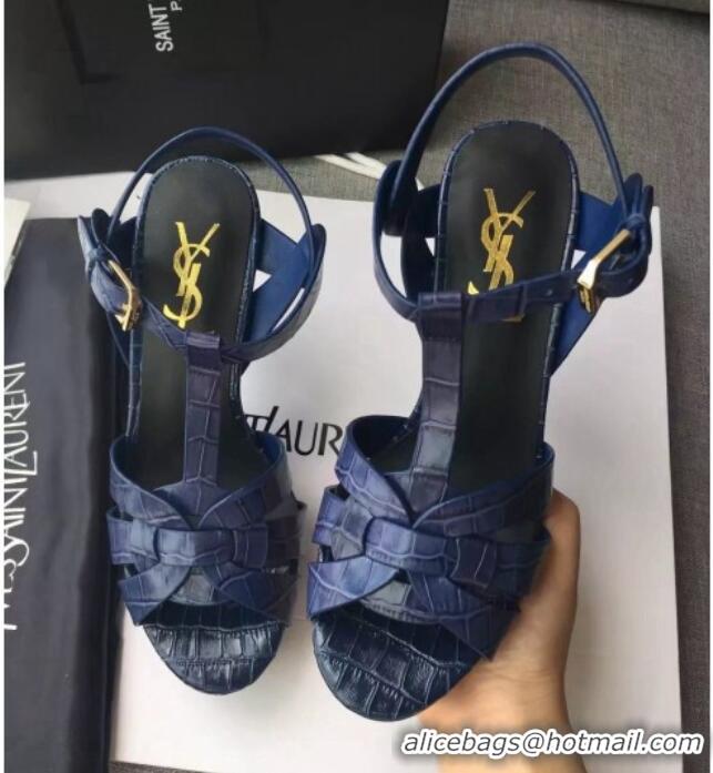 Best Price Saint Laurent Tribute Platform Sandals in Stone Pattern Leather 82327 Blue