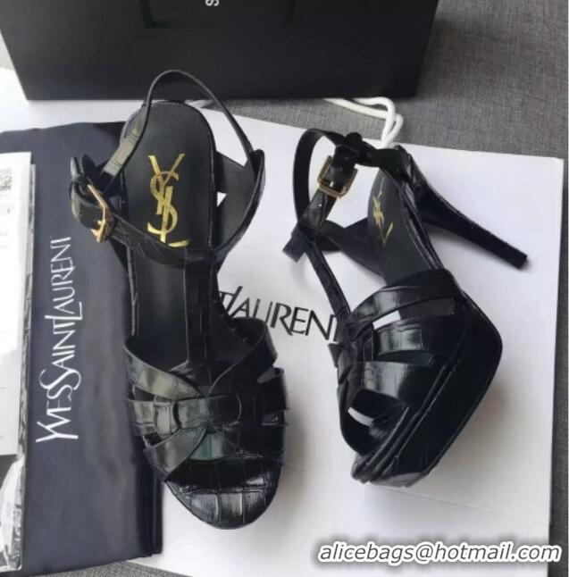 Good Looking Saint Laurent Tribute Platform Sandals in Stone Pattern Leather 82328 Black