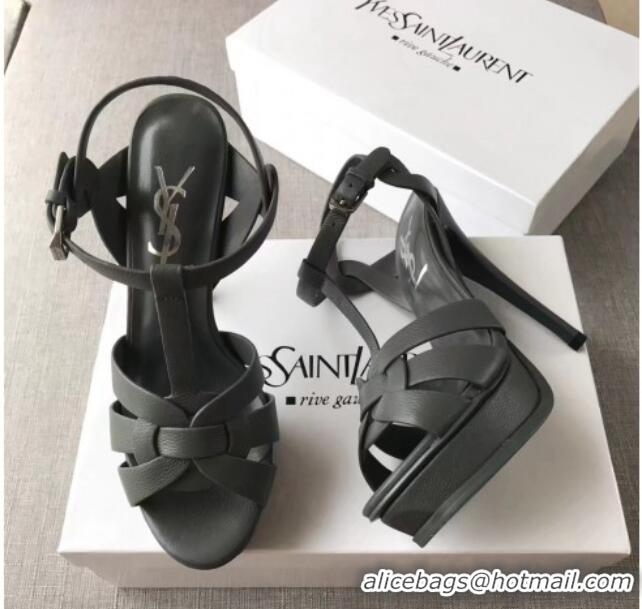 Luxury Saint Laurent Tribute Platform Sandals in Grainy Calfskin 82320 Dark Grey