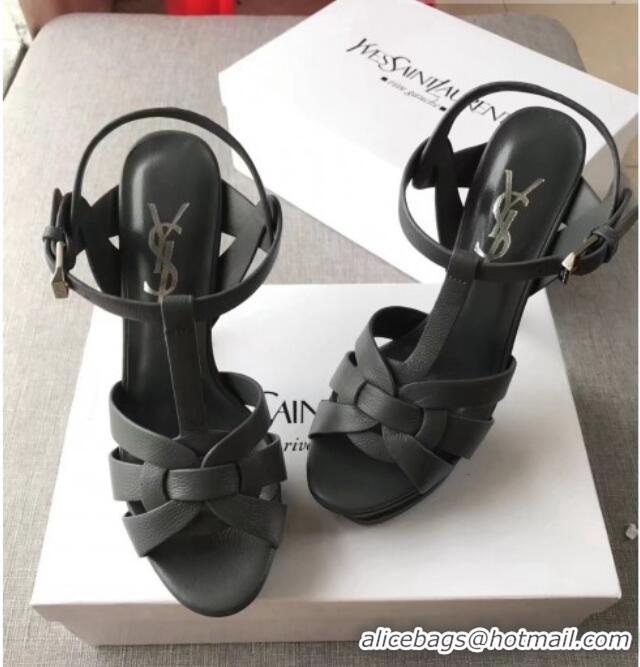 Luxury Saint Laurent Tribute Platform Sandals in Grainy Calfskin 82320 Dark Grey