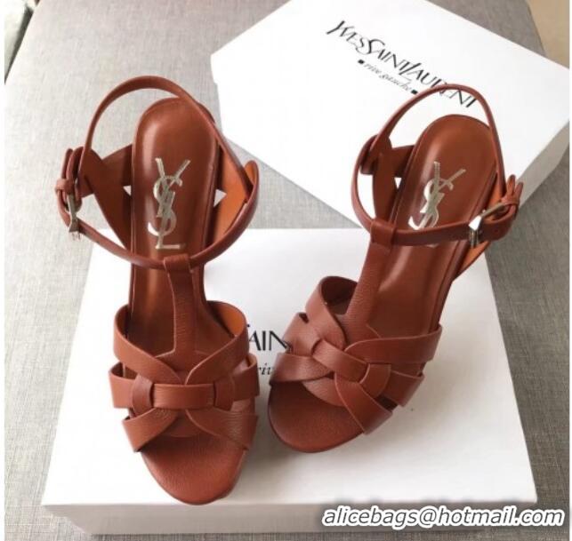 Top Grade Saint Laurent Tribute Platform Sandals in Grainy Calfskin 82321 Brown