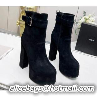 Most Popular Saint Laurent Cherry Buckle Platform Booties in Suede Black 0825053