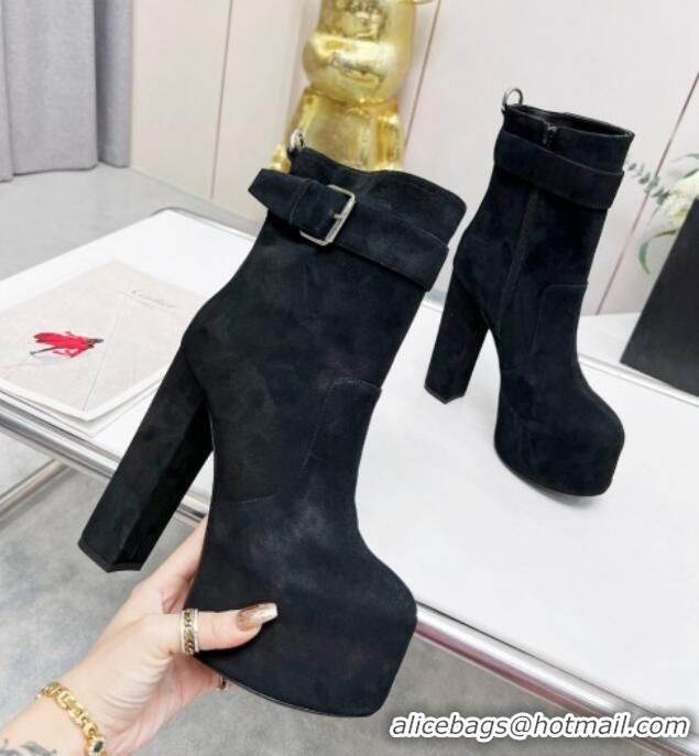 Most Popular Saint Laurent Cherry Buckle Platform Booties in Suede Black 0825053