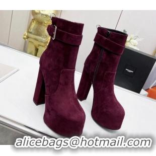 Stylish Saint Laurent Cherry Buckle Platform Booties in Suede Burgundy 0825054