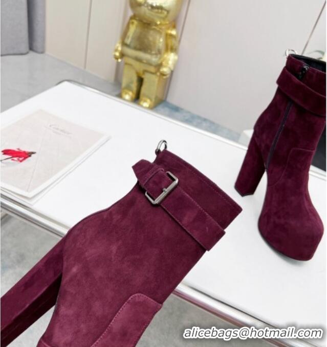 Stylish Saint Laurent Cherry Buckle Platform Booties in Suede Burgundy 0825054