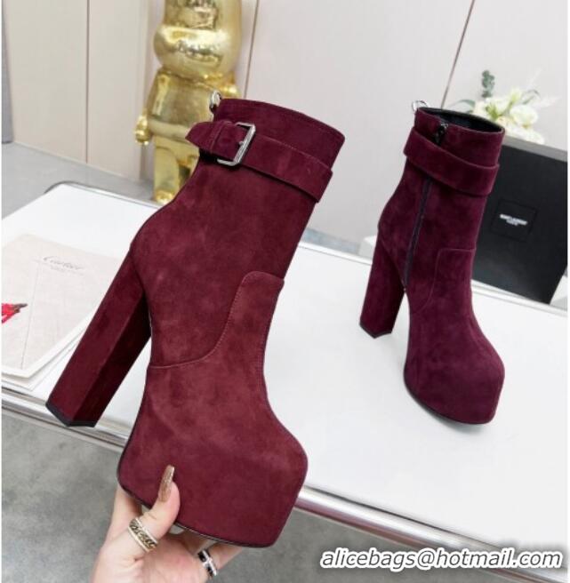 Stylish Saint Laurent Cherry Buckle Platform Booties in Suede Burgundy 0825054