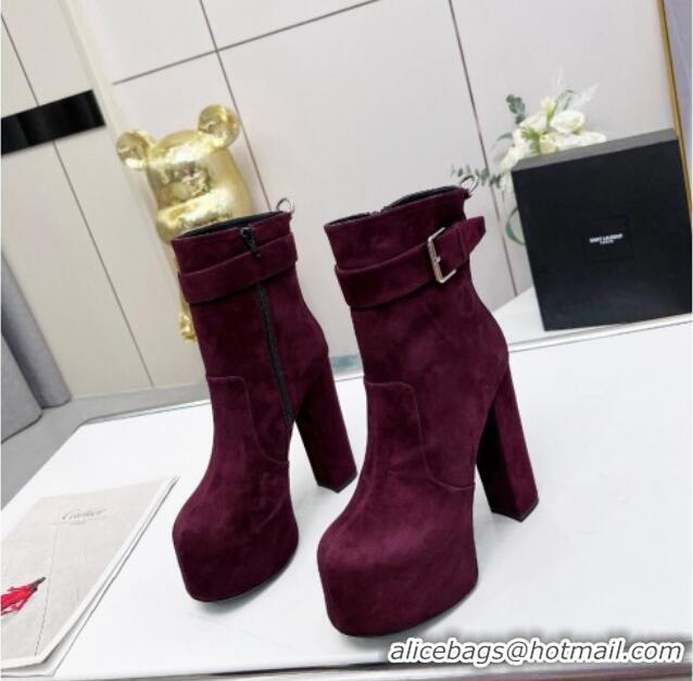 Stylish Saint Laurent Cherry Buckle Platform Booties in Suede Burgundy 0825054