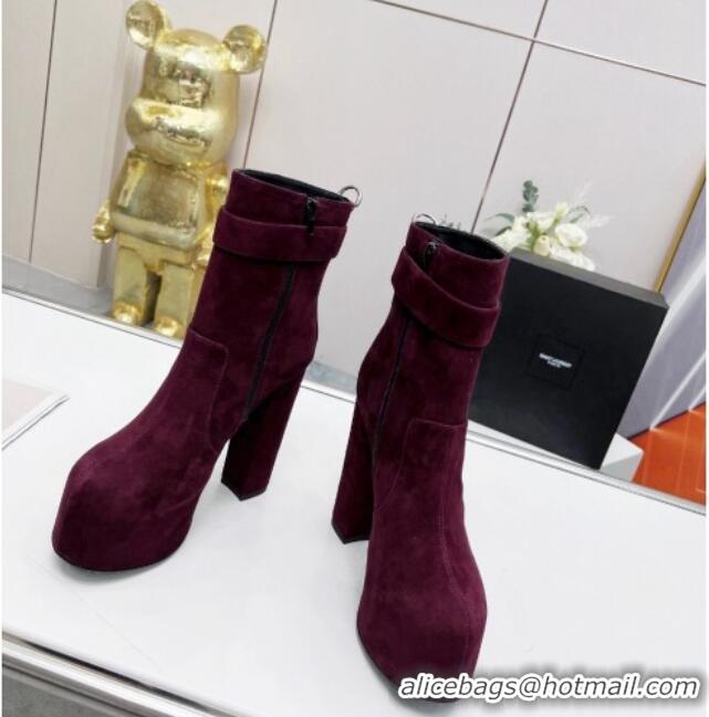 Stylish Saint Laurent Cherry Buckle Platform Booties in Suede Burgundy 0825054